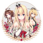  3girls :o ahoge bangs bare_shoulders blonde_hair blue_eyes blush bow bowtie braid breasts brown_hair chain chain_necklace cleavage closed_mouth cross-laced_clothes crown dated detached_sleeves dog_tags eyebrows eyebrows_visible_through_hair flower front-tie_top hair_between_eyes hair_bun hairband hand_on_own_chin headgear iowa_(kantai_collection) japanese_clothes jewelry kantai_collection kongou_(kantai_collection) large_breasts long_hair looking_at_viewer mini_crown multiple_girls necklace off_shoulder purple_eyes red_bow red_flower red_neckwear red_ribbon red_rose revision ribbon ribbon-trimmed_sleeves ribbon_trim rose shibi shiny shiny_skin signature smile star star-shaped_pupils sweatdrop symbol-shaped_pupils upper_body v-shaped_eyebrows warspite_(kantai_collection) white_background 