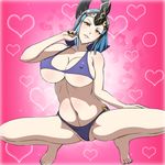  1girl arete_(fire_emblem_if) bare_arms bare_legs bare_shoulders barefoot bikini black_nails blue_bikini blue_hair blush breasts cleavage erect_nipples feet fire_emblem fire_emblem_if heart helmet highres huge_breasts legs looking_at_viewer milf nail_polish navel parted_lips partially_visible_vulva short_hair simple_background smile solo squatting thighs toes yellow_eyes yuki_(12cut) 