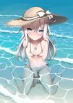  absurdres alternate_costume bare_arms bare_legs bare_shoulders barefoot between_legs bikini blue_eyes blush breasts collarbone colored_eyelashes from_above full_body hair_between_eyes hand_between_legs hat hibiki_(kantai_collection) highres kantai_collection light_smile long_hair looking_at_viewer navel silver_hair sitting small_breasts solo stomach sun_hat swimsuit thighs twitter_username wariza water waves white_bikini yaosera 