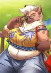  2017 anthro big_breasts breasts canine clothed clothing eyewear female fur glasses grass hair huge_breasts hyena looking_at_viewer mammal ocaritna slightly_chubby smile solo spots spotted_fur water white_hair yellow_eyes 
