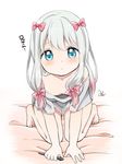  :t all_fours aqua_eyes bangs bare_shoulders bed_sheet blush bow breasts cleavage downblouse eromanga_sensei full_body gradient_hair grey_hair grey_shirt hair_bow highres izumi_sagiri long_hair looking_at_viewer migihidari_morimori multicolored_hair naked_shirt off_shoulder oversized_clothes pink_bow pink_hair pout shirt short_sleeves signature simple_background small_breasts solo stylus t-shirt white_background 