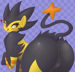  big_butt black_fur blush butt digital_media_(artwork) eyeshadow feline female feral fur looking_at_viewer looking_back luxray makeup mammal nintendo one_eye_closed pandashorts pok&eacute;mon pussy shiny_pok&eacute;mon simple_background smile solo thick_thighs tongue tongue_out video_games wink 