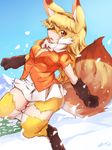  alternate_species anthro black_fur black_nose blush canine clothing countershade_face countershading daiha digital_media_(artwork) dipstick_tail ezo_red_fox_(kemono_friends) female fox fur furrification gloves_(marking) kemono kemono_friends mammal markings miniskirt multicolored_tail orange_fur pleated_skirt red_fox short_sleeves signature skirt socks_(marking) solo transformation white_countershading white_fur white_skirt 