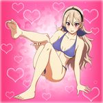  1girl ass bare_arms bare_legs bare_shoulders barefoot bikini black_panties blonde_hair blue_bikini blush breasts cleavage collarbone feet female_my_unit_(fire_emblem_if) fire_emblem fire_emblem_if hairband heart highres leg_up legs long_hair looking_at_viewer my_unit_(fire_emblem_if) parted_lips partially_visible_vulva red_eyes simple_background sitting small_breasts smile solo thighs toes yuki_(12cut) 