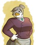  anthro apron avian beak bentina_beakley bird breasts brooch chochi clothed clothing duck ducktales eyelashes eyewear female frown fully_clothed glasses grey_hair hair half-closed_eyes hands_on_hips solo 