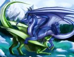  2017 anus ass_up blue_body blue_eyes blue_scales cunnilingus detailed_background dragon duo female female/female feral feral_on_feral green_body green_eyes green_scales horn membranous_wings mountain nature on_top open_mouth oral outside pussy pussy_juice scales scalie sex sky smile spread_legs spreading teeth tongue tongue_out tree vaginal western_dragon wing-of-chaos wings 