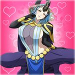  1girl arete_(fire_emblem_if) blue_hair blush breasts cape covering covering_nipples elbow_gloves fire_emblem fire_emblem_if gloves heart helmet highres huge_breasts legs looking_at_viewer milf parted_lips short_hair simple_background smile solo squatting thighs yellow_eyes yuki_(12cut) 