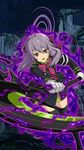  :d black_dress black_legwear bow bowtie brown_eyes building dress floating_hair gloves hair_bow highres hiiragi_shinoa holding holding_weapon long_hair looking_at_viewer magic military military_uniform necktie night open_mouth outdoors owari_no_seraph purple_bow purple_hair red_bow red_neckwear ruins scythe short_dress short_necktie smile solo standing thighhighs uniform weapon white_gloves zettai_ryouiki 