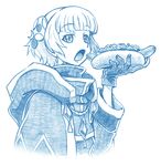  bangs bbb_(friskuser) blunt_bangs cloak commentary_request eyebrows_visible_through_hair food gloves greyscale hair_ornament holding holding_food hood hood_down hooded_cloak hot_dog looking_at_viewer meteora_osterreich monochrome open_mouth ponytail re:creators solo upper_body white_background 