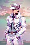  1boy aqua_eyes artist_name belt black_hair cowboy_shot expressionless hands_in_pockets hat_over_one_eye highres jojo_no_kimyou_na_bouken jostarjo kuujou_joutarou lake long_coat male_focus mountain signature sky solo turtleneck white_coat 