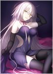  arm_up bare_shoulders black_gloves black_legwear border breasts choker cropped crossed_legs dress dress_lift elbow_gloves fate/grand_order fate_(series) gloves hair_between_eyes head_tilt highres indoors jeanne_d'arc_(alter)_(fate) jeanne_d'arc_(fate)_(all) large_breasts long_hair looking_at_viewer petals purple_dress ribbon_choker sitting smile solo strapless strapless_dress thighhighs very_long_hair wowishi yellow_eyes 