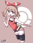  1girl belt bike_shorts female haruka_(pokemon) haruka_(pokemon)_(remake) lamb-oic029 leaning_forward nintendo open_mouth poke_ball pokeball pokemon pokemon_(game) pokemon_oras short_shorts shorts signature solo 