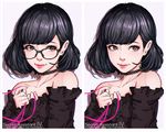  artist_name black-framed_eyewear black_choker black_hair blue_eyes bob_cut border character_name choker closed_mouth collarbone eyelashes glasses holding holding_ribbon lace lace_choker long_sleeves looking_past_viewer magion02 ms.assistant original pink_ribbon purple_background ribbon secret_assistant_(ms.assistant) shadow shiny shiny_hair short_hair simple_background strapless variations white_border 