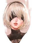  black_blindfold blindfold covered_eyes facing_viewer highres jang_ju_hyeon lips nier_(series) nier_automata parted_lips portrait red_lips short_hair simple_background solo teeth turtleneck white_background white_hair yorha_no._2_type_b 