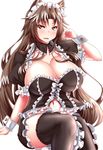  alternate_costume animal_ears black_legwear blush breasts brown_hair cleavage commentary_request enmaided frills highres huge_breasts imaizumi_kagerou long_hair looking_at_viewer maid maid_headdress navel parted_lips red_eyes shiny shiny_hair simple_background sitting solo thighhighs touhou tsurime very_long_hair white_background wolf_ears wrist_cuffs zan_(harukahime) 