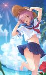  :d ahoge alternate_costume arms_up bare_legs barefoot blue_sailor_collar blue_skirt blue_sky blurry blush cloud commentary_request crop_top day depth_of_field fate/grand_order fate_(series) flower from_below hair_between_eyes hair_over_one_eye hands_on_headwear hat horizon leg_up light_rays looking_at_viewer looking_down mash_kyrielight midriff miniskirt nanashi_star navel neckerchief ocean open_mouth outdoors palm_tree pink_eyes pink_hair pleated_skirt red_neckwear sailor_collar school_uniform see-through serafuku shirt short_hair short_sleeves skirt sky smile solo splashing standing standing_on_one_leg stomach straw_hat sun sun_hat sunbeam sunlight tree water white_shirt 