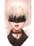  bangs black_blindfold black_choker blindfold choker covered_eyes face facial_mark highres jang_ju_hyeon jewelry lips male_focus nier_(series) nier_automata parted_lips pendant pink_lips portrait simple_background solo teeth white_background white_hair yorha_no._9_type_s 