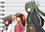  blue_eyes brown_eyes brown_hair cigarette commentary_request fire flat_chest from_side getumentour green_hair grin height_chart highres japanese_clothes kantai_collection magatama multiple_girls pale_skin profile ribbon_trim ryuujou_(kantai_collection) sharp_teeth smile sweatdrop taihou_(kantai_collection) teeth twintails visor_cap wavy_mouth zuikaku_(kantai_collection) 