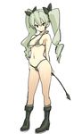  anchovy arms_behind_back bangs bikini black_bikini black_footwear black_ribbon boots breasts closed_mouth drill_hair full_body girls_und_panzer green_hair hair_ribbon holding long_hair looking_at_viewer medium_breasts micro_bikini navel red_eyes ribbon riding_crop simple_background sketch smile solo standing swimsuit twin_drills twintails velzhe white_background 