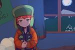  1boy fur_hat green_eyes hat jacket kyle_broflovski male_focus moon night night_sky nojiko_(natumag) pajamas red_hair short_hair sitting sky smile solo south_park ushanka window 