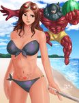  1girl 2017 beach bikini black_bikini breasts brown_hair cleavage closed_mouth dated day eyewear_on_head food front-tie_bikini front-tie_top fruit gigas_(tekken) highres katarina_alves lips long_hair navel oreoreon pubic_tattoo solo_focus sunglasses swimsuit tattoo tekken tekken_7 tongue tongue_out water watermelon 