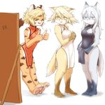  2017 anthro blush breasts canine clothed clothing eyes_closed feline female fox fur group hair japanese_clothing kemono mammal open_mouth simple_background smile standing stripes teeth thumbs_up tiger white_background wolf ナカムラ 