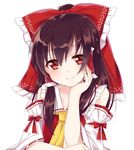  ascot bangs bow brown_hair chin_rest detached_sleeves hair_bow hair_tubes hakurei_reimu haruki_(colorful_macaron) long_hair looking_at_viewer ponytail red_bow red_eyes ribbon-trimmed_sleeves ribbon_trim shiny shiny_hair sidelocks simple_background smile solo touhou vest white_background 