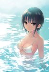  aoyama_sumika bikini black_eyes black_hair breasts cleavage coffee-kizoku day eyebrows_visible_through_hair halterneck highres looking_at_viewer medium_breasts non-web_source original outdoors partially_submerged resized short_hair smile solo strap_gap swimsuit upscaled waifu2x water 