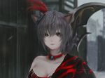  absurdres animal_ears aoi_ogata artist_name bangs black_eyes breasts building cat_ears choker cleavage closed_mouth grey_hair grey_sky hair_between_eyes highres large_breasts looking_at_viewer lu_lingqi outdoors red_choker red_lips shin_sangoku_musou shin_sangoku_musou_8 short_hair solo upper_body 