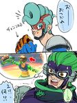  2koma al_bhed_eyes alternate_color arms_(game) blue_eyes blue_hair chocolate_cornet comic directional_arrow domino_mask eating food food_on_face goggles mask multiple_boys ninjara_(arms) nkraae orange_eyes pompadour spring_man_(arms) surprised translated tribolt_(arms) 