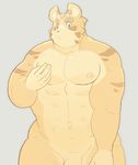  2017 anthro big_muscles feline grey_background looking_at_viewer male mammal musclegut muscular muscular_male nipples nude sanzou simple_background solo 