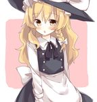  :o apron blonde_hair blush collared_shirt hat highres kirisame_marisa long_hair long_sleeves looking_at_viewer shirt skirt skirt_set solo touhou tsurime vest waist_apron wavy_hair witch_hat yellow_eyes yorurumo 