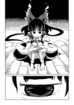  1girl bangs bow close-up comic crossed_arms detached_sleeves empty_eyes expressionless greyscale hair_bow hair_tubes hakurei_reimu knees_to_chest leg_hug long_ponytail looking_down medium_hair monochrome no_shoes on_floor ponytail ribbon-trimmed_sleeves ribbon_trim sitting socks sonson_(eleven) touhou wooden_floor 