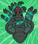  2_toes 3_fingers 4_arms 4_breasts 4_legs 8_eyes arachnid arthropod ball_gag barely_visible_genitalia black_areola black_nipples breasts female gag gagged green_background handcuffs multi_arm multi_breast multi_limb neon nipples red_eyes shackles simple_background solo spider spider_taur subtle_pussy taur thigh_tuft toes trout_(artist) 