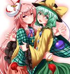  :d bangs black_hat blush bow bowtie closed_mouth commentary_request cowboy_shot expressionless eyeball fox_mask frilled_shirt_collar frilled_sleeves frills from_side green_eyes green_hair green_skirt hat hat_bow hata_no_kokoro highres komeiji_koishi long_hair long_sleeves looking_at_viewer looking_to_the_side mask mask_on_head multiple_girls open_mouth pink_eyes pink_hair pink_skirt plaid plaid_shirt purple_bow purple_neckwear shirt short_hair sidelocks skirt smile third_eye touhou very_long_hair wide_sleeves yellow_bow yellow_shirt zan_(harukahime) 