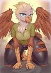  2017 anthro avian beak brown_feathers clothed clothing feathered_wings feathers female furgonomics hi_res lonelycross looking_at_viewer solo torn_clothing wings 