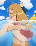  10s 1boy 1girl alternate_costume anus ass bare_arms bare_shoulders beach bikini black_eyes black_hair blonde_hair blush clothed_sex clouds couple eyelashes female happy happy_sex hetero highres lifebelt lifesaver long_hair male missionary nintendo open_mouth outdoors panties penis pikachu pikachu_(pokemon) pokemon pokemon_(anime) pokemon_xy pokemon_xy_(anime) pool satoshi_(pokemon) serena_(pokemon) sex shiny shorts skirt sky smile spread_legs standing standing_sex swimsuit swimwear testicles tongue uncensored under_water underwear vaginal vaginal_penetration water 