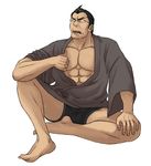  1boy bara barefoot glasses kousaka_daisuke male_focus muscle ore_no_imouto_ga_konna_ni_kawaii_wake_ga_nai sitting solo undressing 