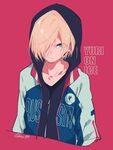  &gt;:( collarbone copyright_name frown hair_over_one_eye highres hood hood_up hoodie jacket looking_at_viewer male_focus mochizuki_kei open_clothes open_jacket red_background simple_background solo twitter_username upper_body v-shaped_eyebrows yuri!!!_on_ice yuri_plisetsky 