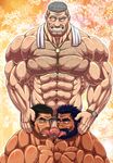  3boys abs bara beard blush erection facial_hair glasses hand_on_head licking male_focus multiple_blowjob muscle nude pecs penis threesome tongue tongue_out towel yaoi 