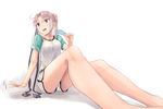  akitsushima_(kantai_collection) anchor bangs bare_legs barefoot breasts casual ear_piercing eyebrows_visible_through_hair food foreshortening hair_ribbon highres hiiragii_(hiiragi_0404) kantai_collection long_hair looking_away open_mouth parted_bangs patting piercing pink_hair popsicle purple_eyes raglan_sleeves ribbon shirt short_shorts shorts side_ponytail sitting small_breasts solo t-shirt 