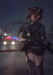  absurdres bag belt black_gloves black_legwear black_sky brown_hair cameltoe car floating_hair garter_straps girls_frontline gloves ground_vehicle gun hairband highres holding holding_gun holding_weapon jay_xu long_hair long_sleeves looking_to_the_side motor_vehicle night night_sky outdoors police_car red_eyes rifle signature sky solo standing star_(sky) starry_sky submachine_gun thighhighs trigger_discipline type_79_(girls_frontline) type_79_smg weapon white_hairband 