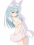  2015 animal_humanoid black_nose blue_eyes blue_hair blush breasts canine covering covering_self female fur gecotan47 hair humanoid looking_at_viewer mammal nipples nude pink_fur simple_background slit_pupils solo standing white_background wolf wolf_humanoid 