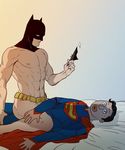  1boy abs bara batman dc_comics male_focus mask muscle nude sex_toy solo straddling tagme weapon 