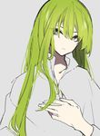  bangs blue_eyes closed_mouth enkidu_(fate/strange_fake) fate/strange_fake fate_(series) green_hair grey_background highres long_hair looking_at_viewer mochizuki_kei simple_background solo 