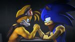 3d_(artwork) action_pose angry anthro arm_grab biceps big_eyes canine chek clothed clothing digital_media_(artwork) duo eye_contact eyewear fight fox fur glasses green_eyes headband hedgehog male male/male mammal miles_prower muscular muscular_male side_view simple_background sonic_(series) sonic_boom sonic_the_hedgehog topless 