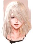  closed_mouth grey_eyes hair_over_one_eye highres jang_ju_hyeon lips long_hair looking_at_viewer mole mole_under_mouth nier_(series) nier_automata simple_background solo white_background white_hair yorha_type_a_no._2 