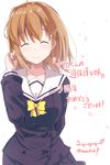 ^_^ artist_name blush brown_hair closed_eyes collarbone copyright_name dated double-breasted facing_viewer hand_up kichihachi nakahara-kun_no_kahogo_na_imouto petals school_uniform serafuku signature simple_background smile solo upper_body white_background 