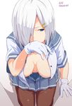  1girl after_sex blouse blue_eyes blue_skirt breasts gloves grey_hair hair_ornament hair_over_one_eye hairclip hamakaze_(kantai_collection) hetero kantai_collection kichihachi kneeling large_breasts open_blouse open_clothes pantyhose pleated_skirt school_uniform serafuku short_hair skirt solo_focus spread_legs white_gloves wiping_mouth 