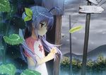  antenna_hair blush bug bus_stop cattail cloud commentary flower hair_ribbon insect ladybug long_hair miyauchi_renge mountain non_non_biyori outdoors plant power_lines purple_hair raglan_sleeves rain red_eyes ribbon road_sign scenery short_sleeves sign solo sunflower telephone_pole twintails wet wet_clothes zimajiang 